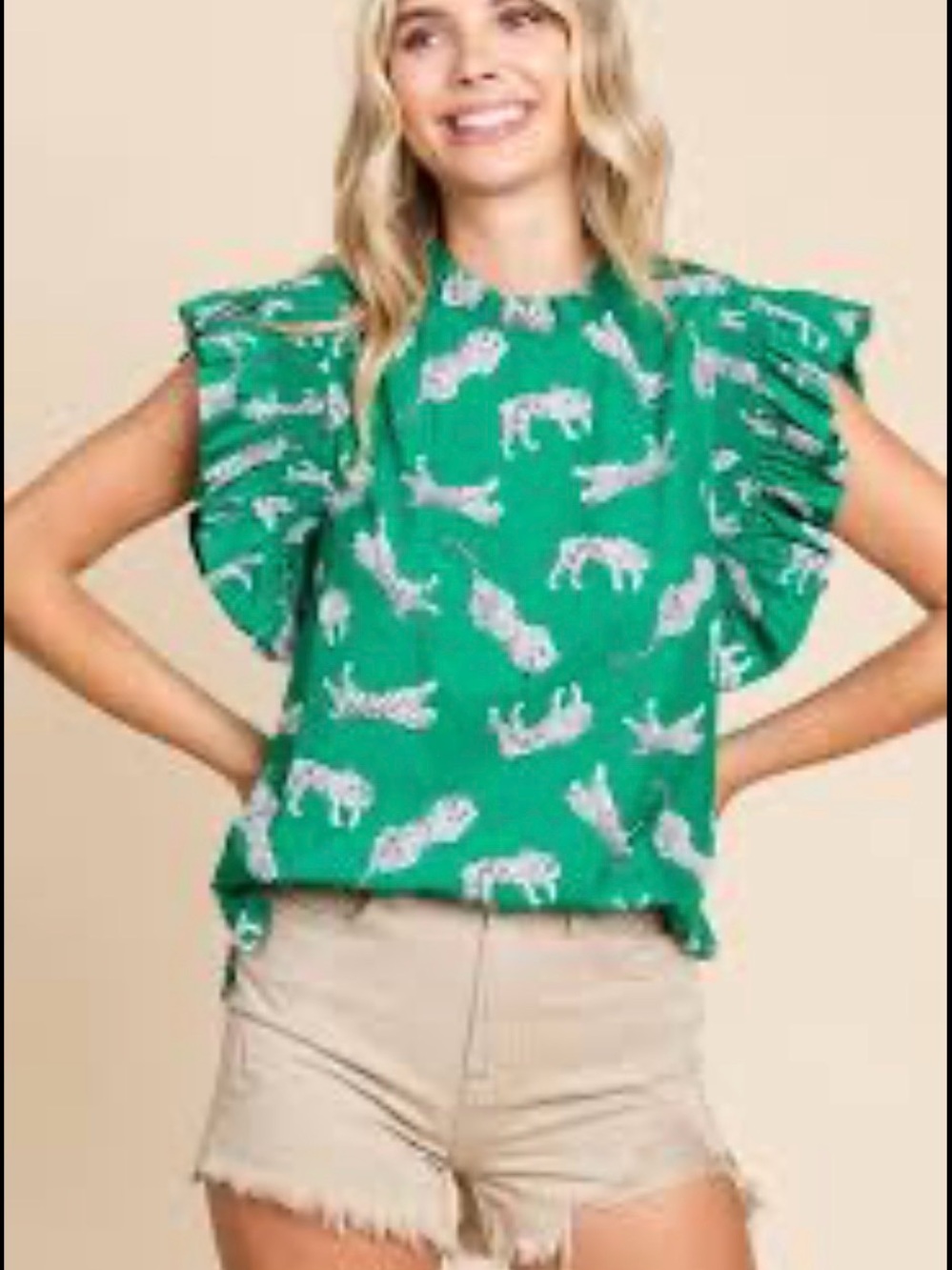 Woman’s Green Tiger-Print Ruffle Sleeve Blouse size M. EUC